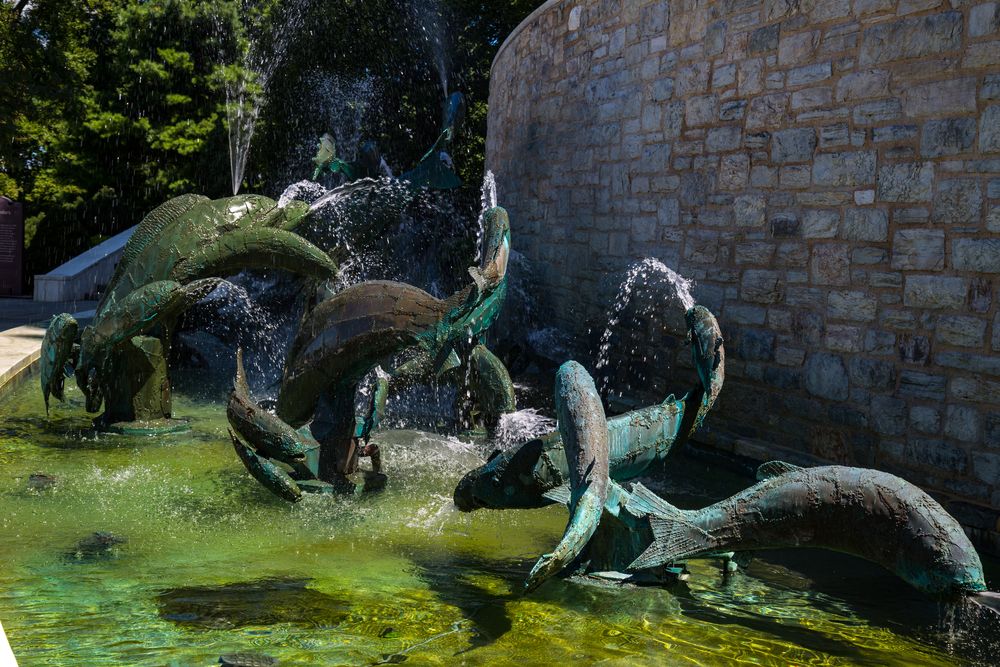 Flying fish sculpture fountain in Founders Hall