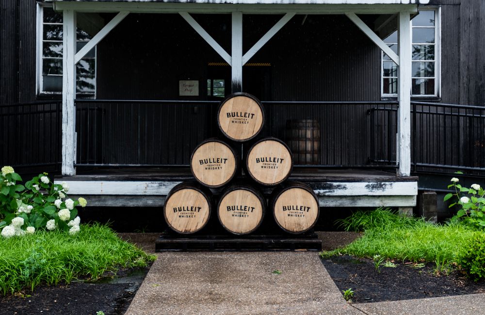 Bulleit distillery barrel stack along Kentucky Bourbon Trail
