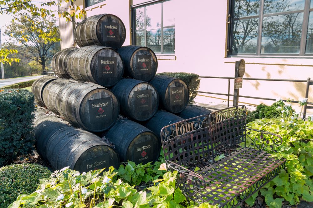 Barrel stack of Four Roses distillery along Kentucky Bourbon Trail