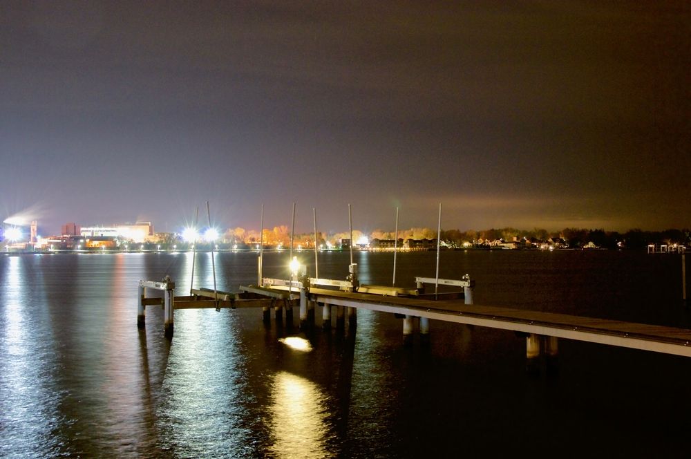 Night time view of Lake Macatawa