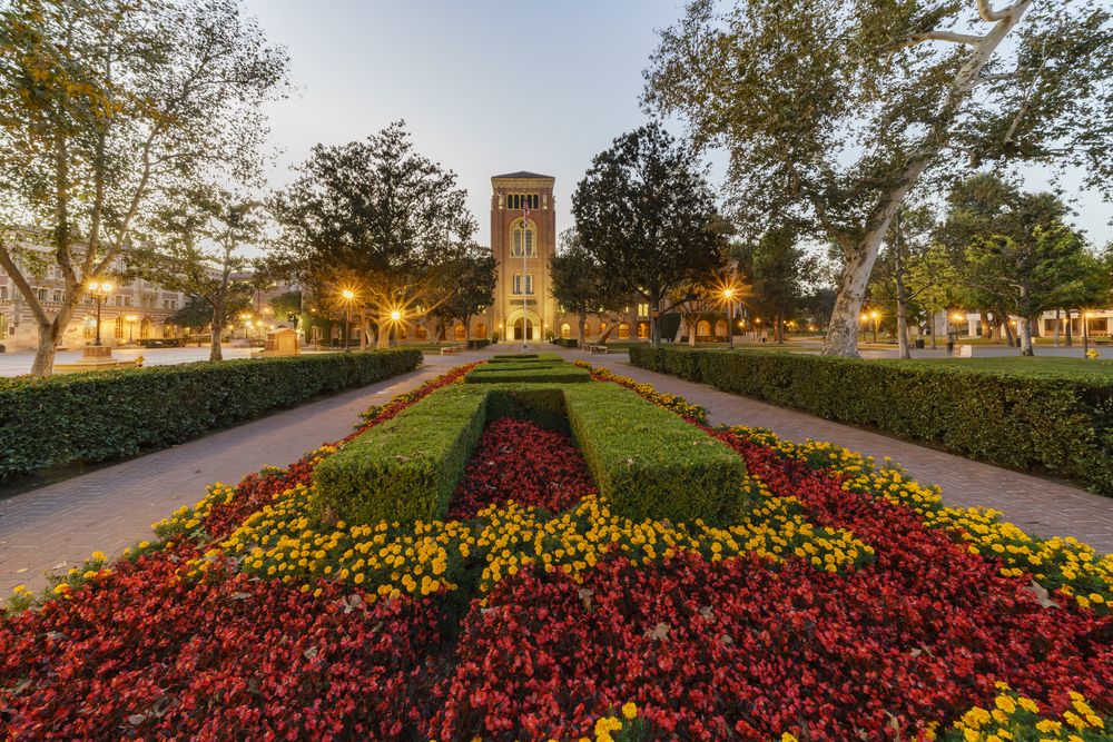 Beautiful flower garden in front of University of Southern California's building
