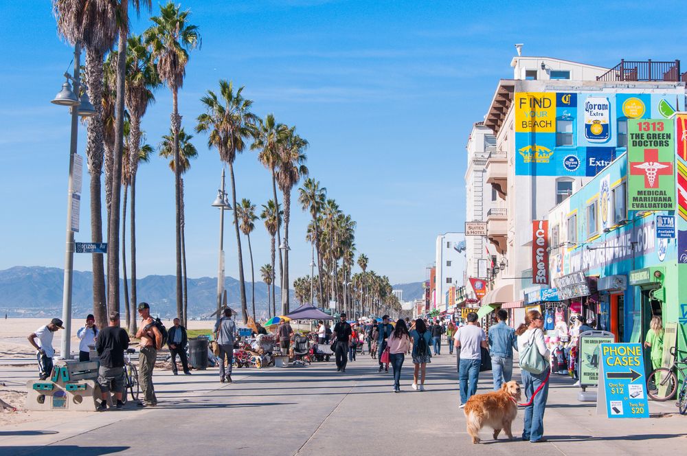 People walking along Venice Beach's beachfront
