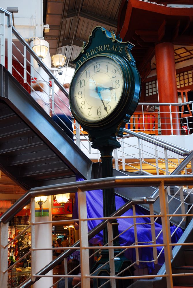 A clock in Harborplace Mall