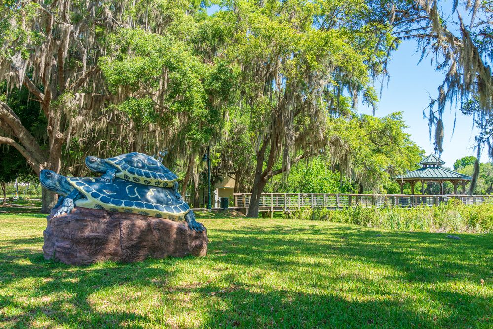 Turtle statue made of rock at Cooter Pond Park