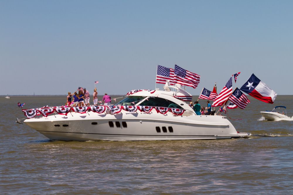 A decorated yacht on the waters of Kemah Boardwalk