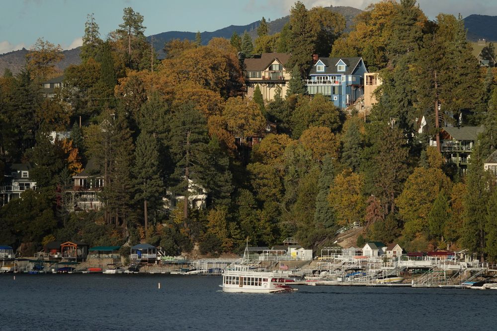 Aerial view of a cruising Lake Arrowhead Queen