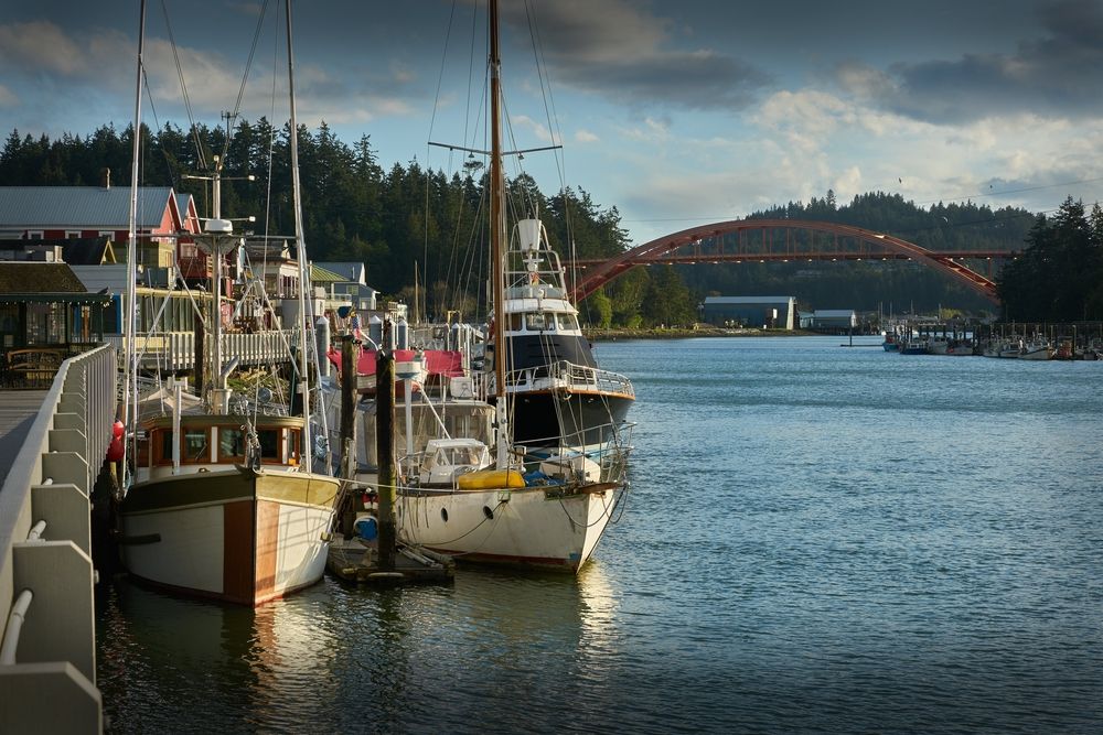 Boats docked at La Conner Marina's Swinomish Channel