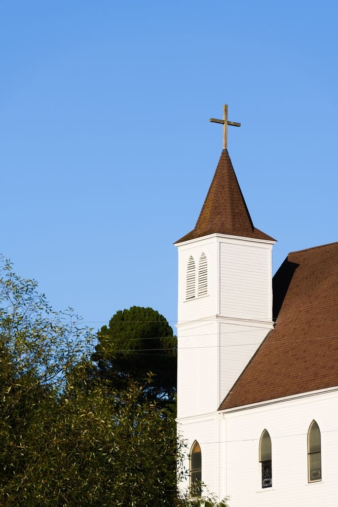 The steeple of Sacred Heart Catholic Church