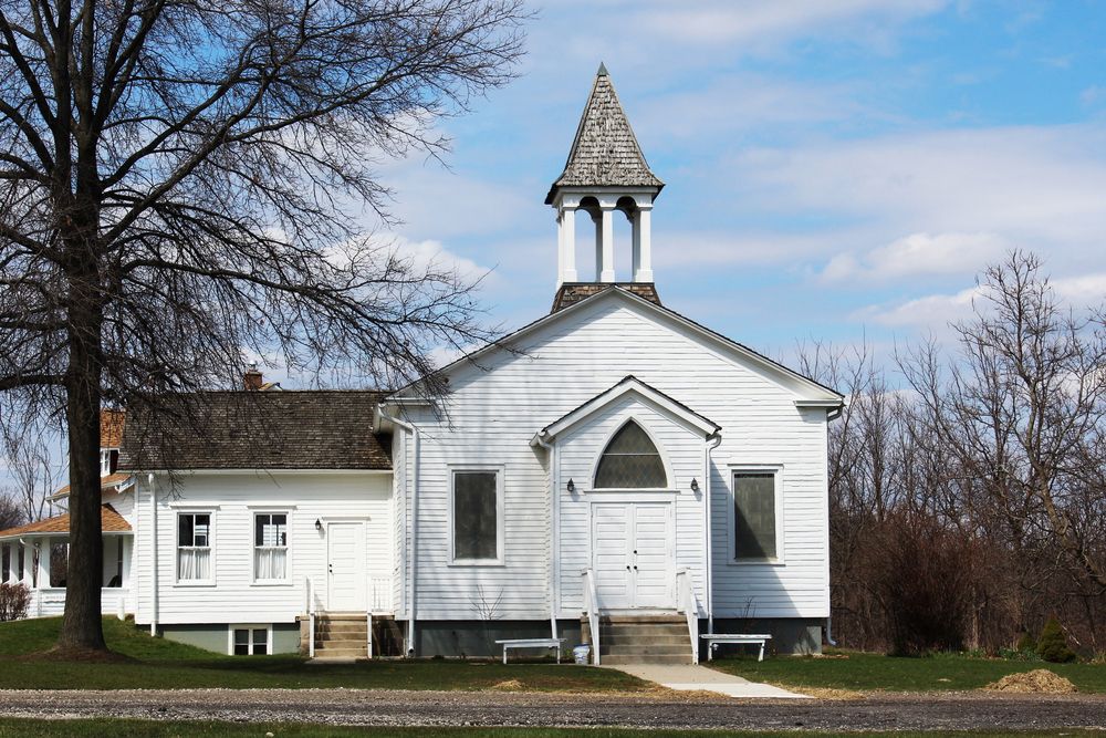 Exterior of Greenmead Historical Park's white church
