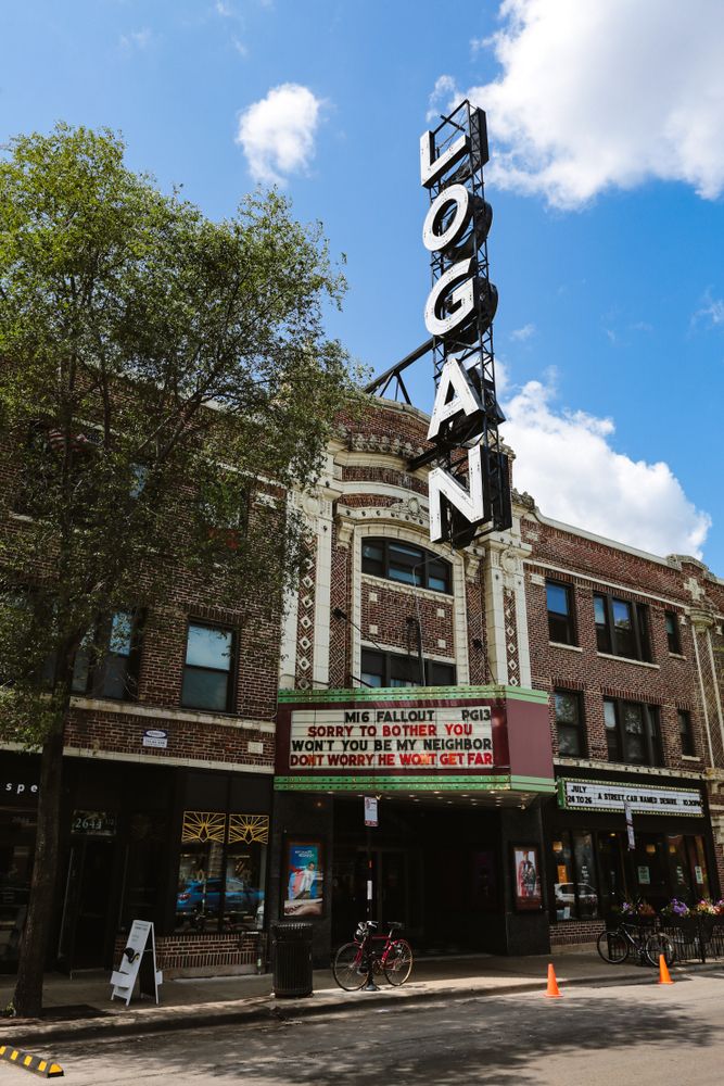 Name sign and entrance of The Logan Theatre.