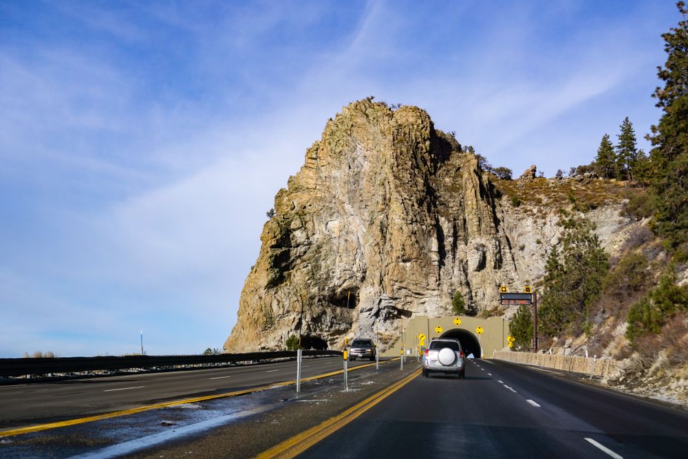 View of Cave Rock from the highway