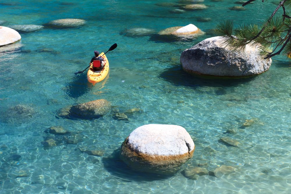 Aerial view of a kayaker on Lake Tahoe
