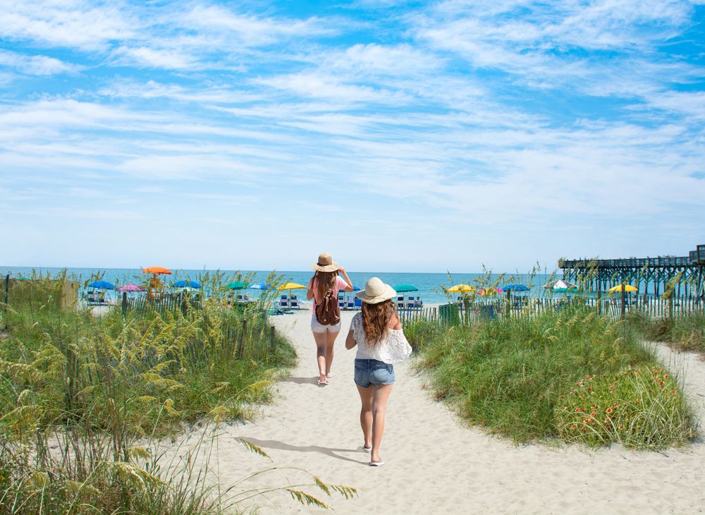 Two people walking along the White Sand of Myrtle Beach