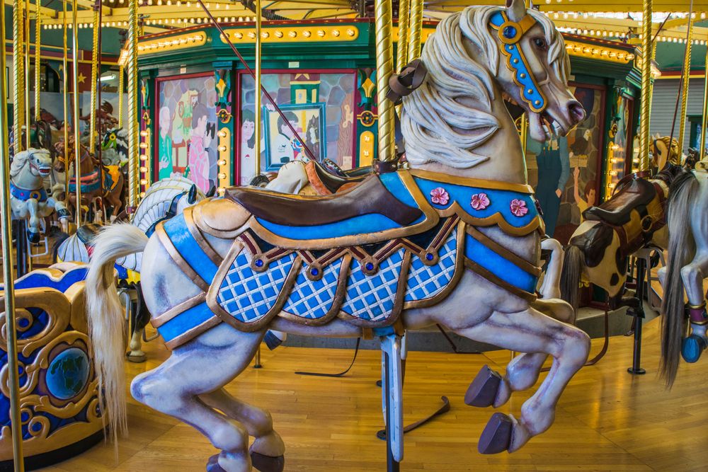 Carved horses of A Carousel for Missoula