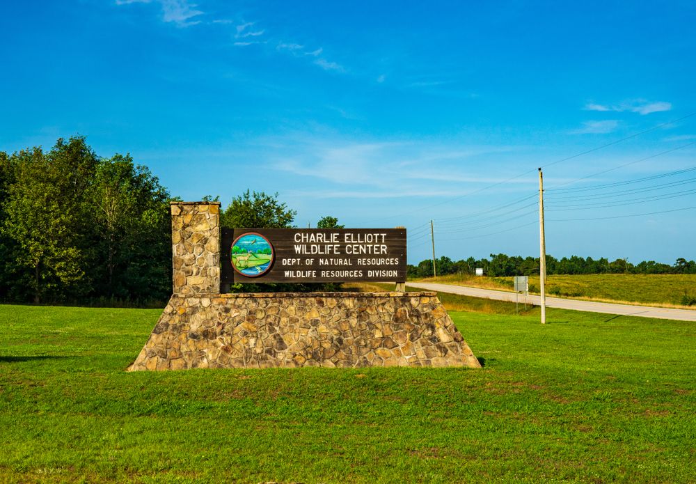 Welcome sign of Charlie Elliott Wildlife Center