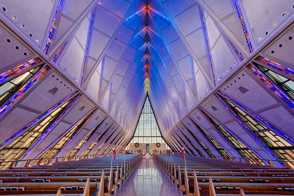 Interior view of the Air Force Academy chapel.