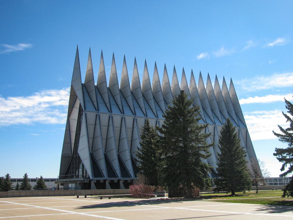 Exterior of the triangular Air Force Academy chapel.