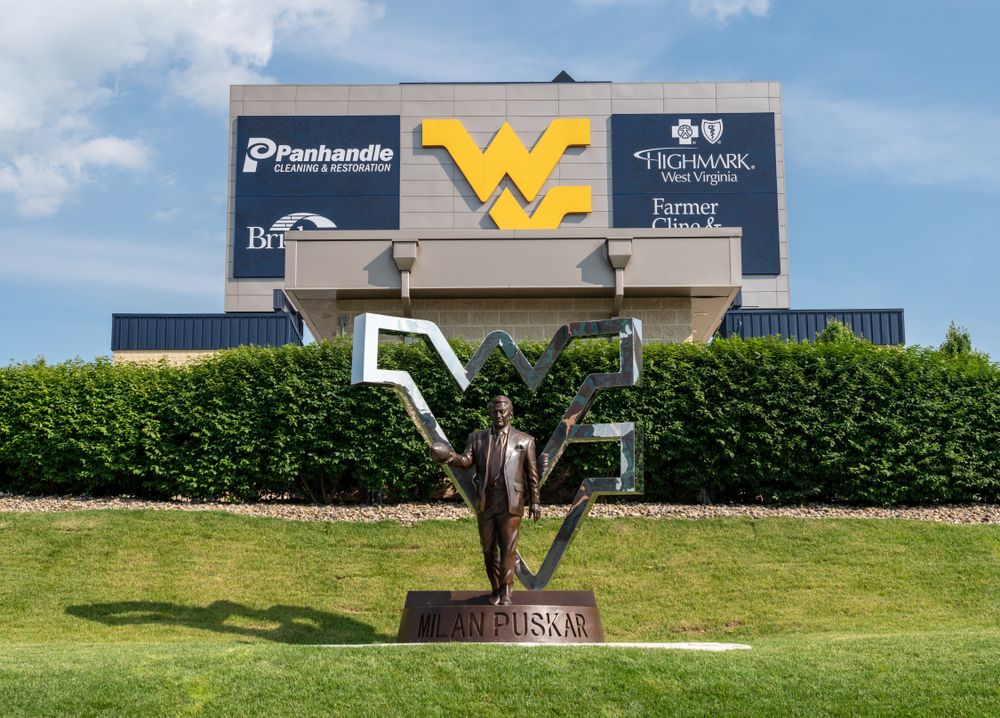 Exterior and sculpture of Mountaineer Field