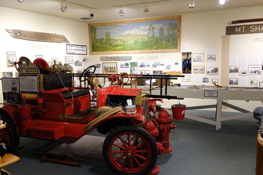 A red vehicle display inside the sisson museum.