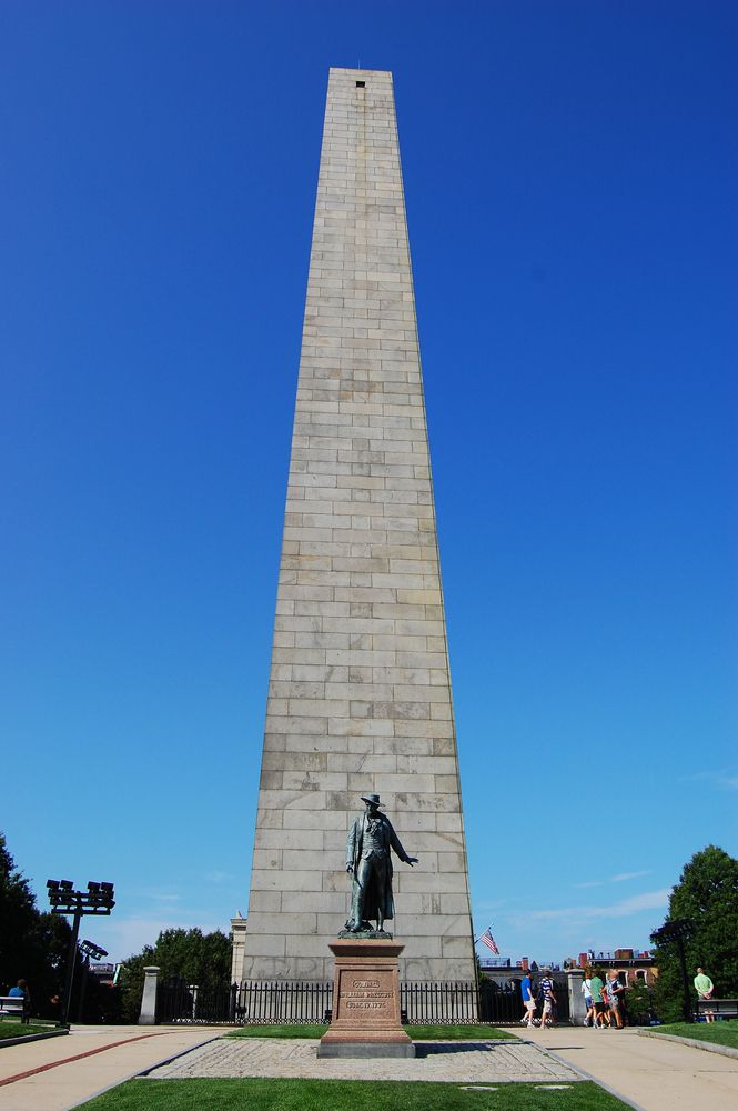 Daytime view of the tall Bunker Hill Monument
