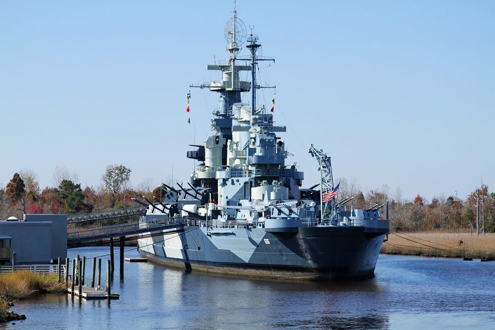 Daytime view of the docked Battleship North Carolina