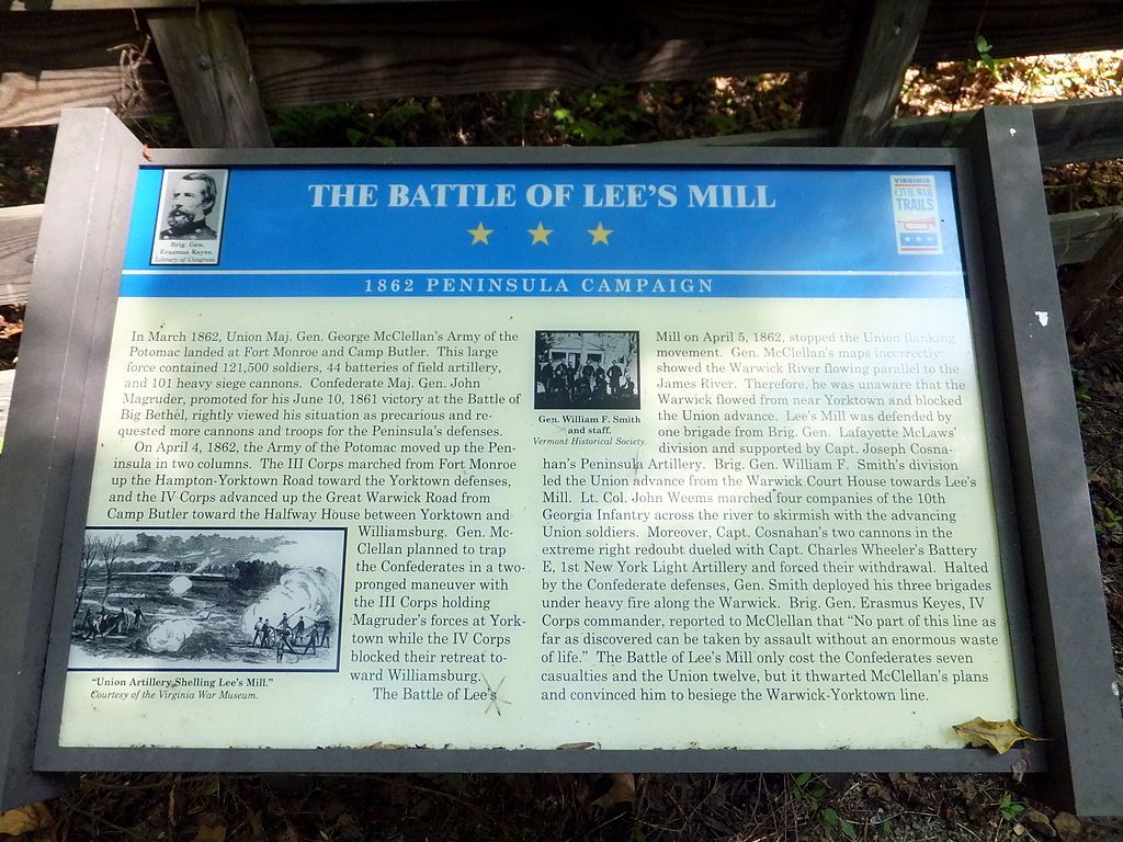 History board at Lee's Mill Battlefield