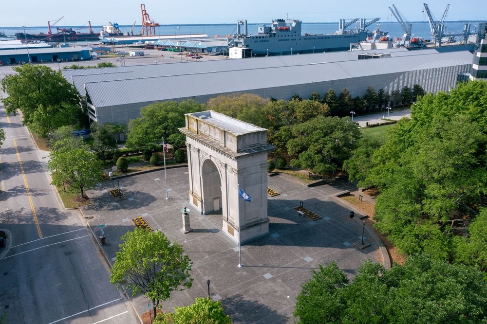 Aerial view of the Newport News Victory Arch