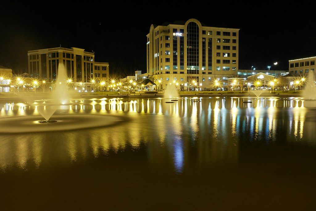 View of the Oyster Point Fountains at night