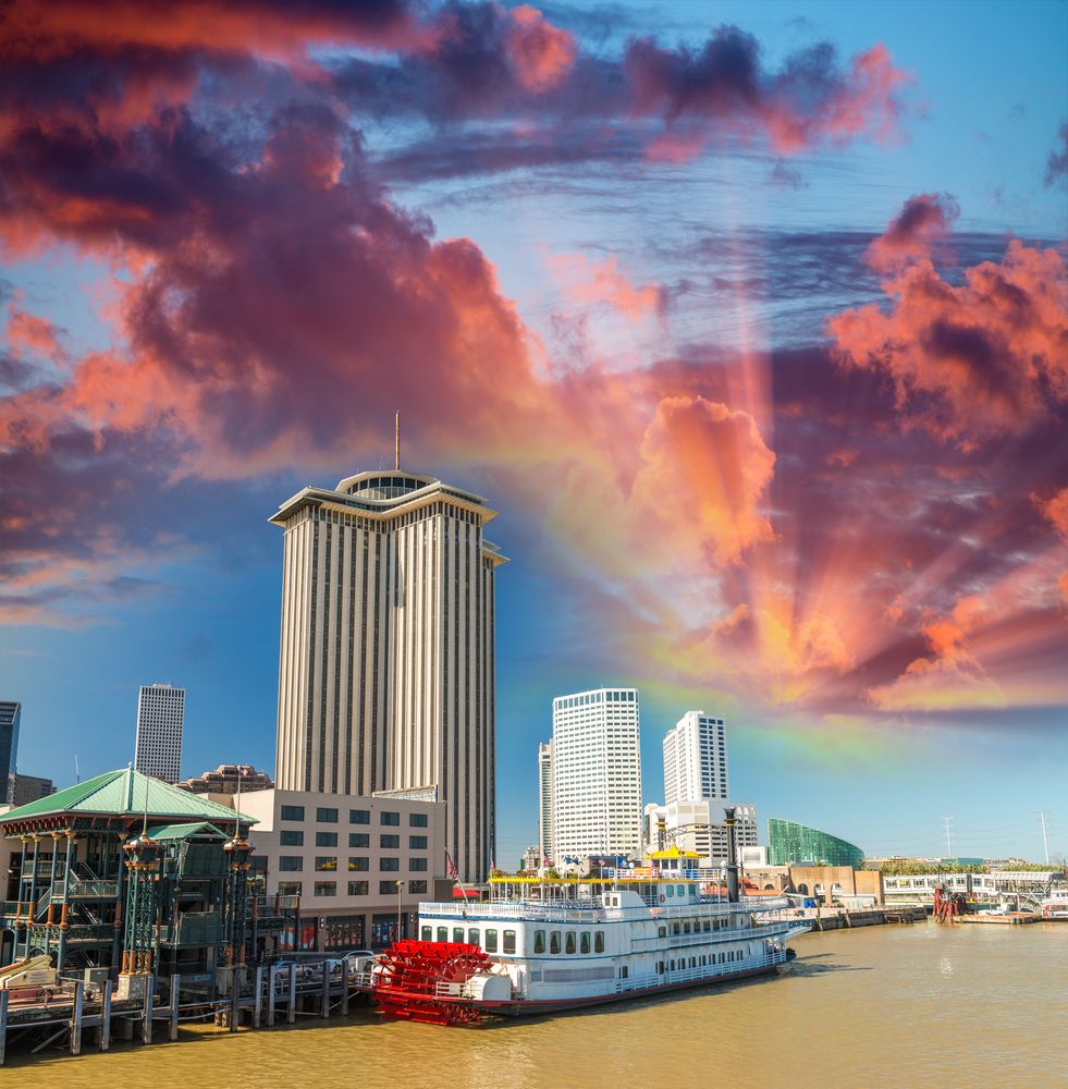 View of the docked Steamboat Natchez