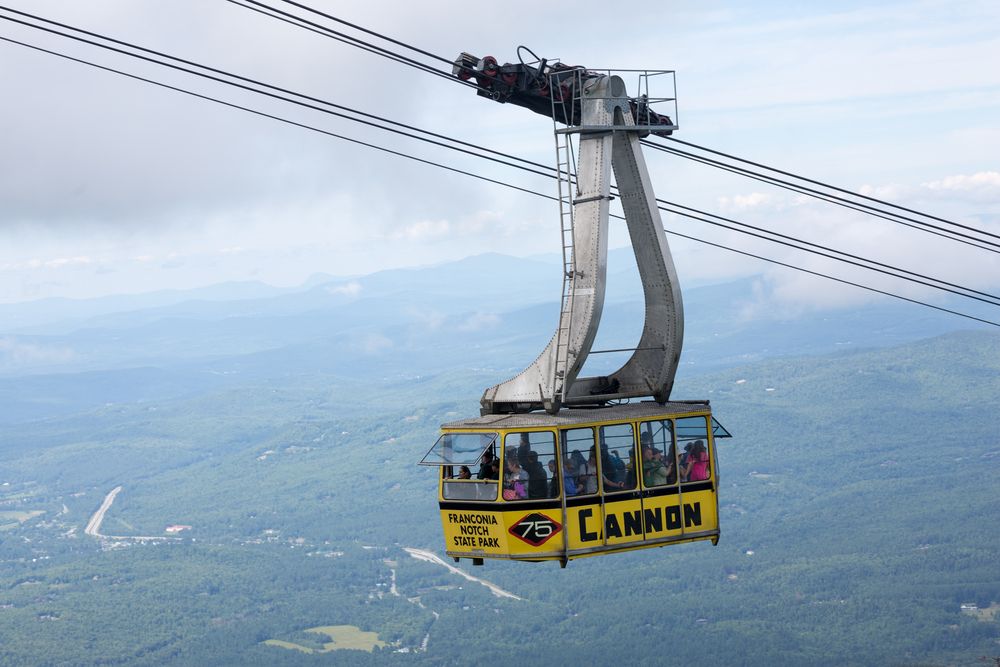 Tourists riding the Cannon Mountain Aerial Tramway's cable car