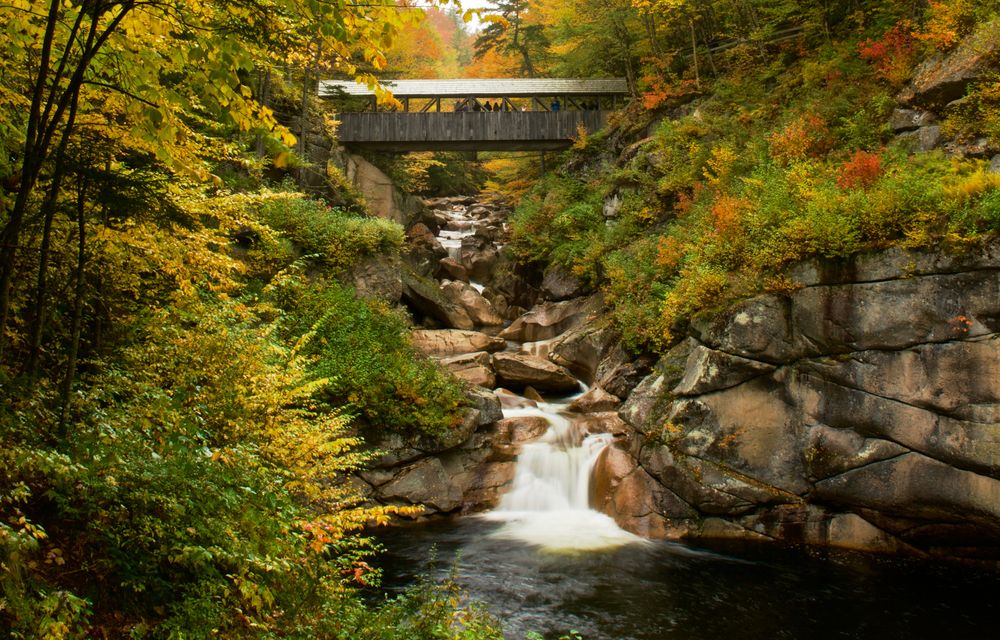 Covered bridge over The Flume Gorge's water