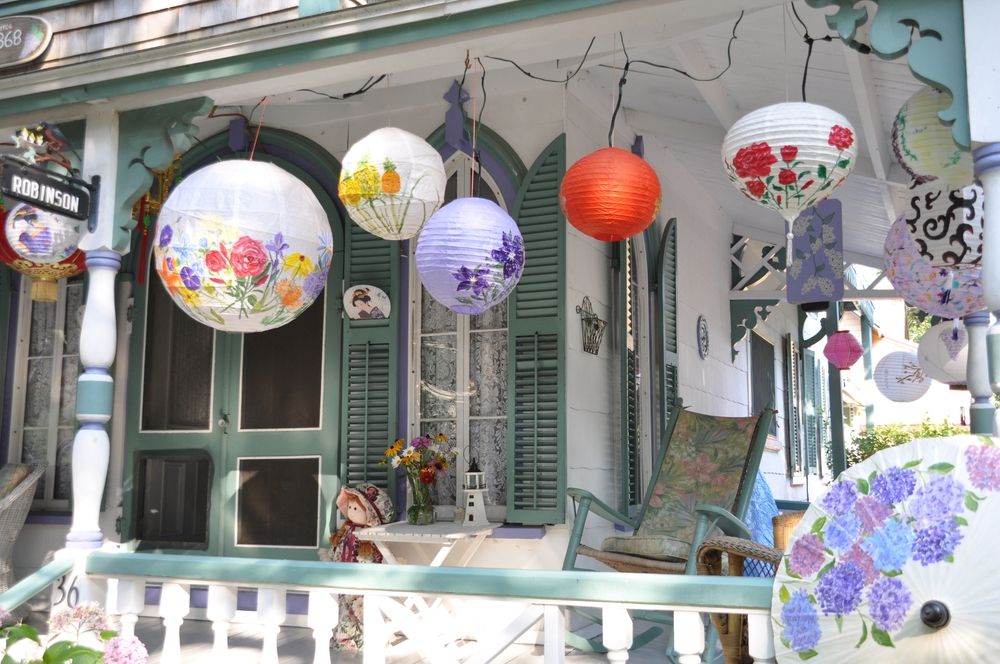 Chinese-Japanese lanterns hanging on a porch at Martha's Vineyard Camp Meeting Association