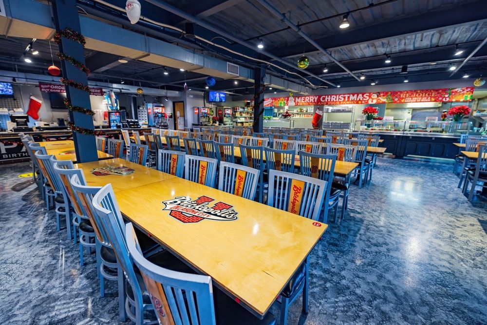 Tables and chairs in Brickopolis Entertainment