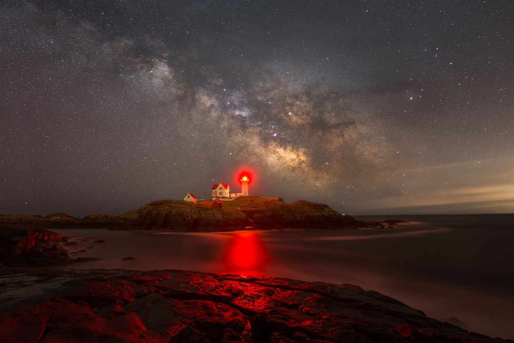 Visible stars over Cape Neddick Nubble Lighthouse
