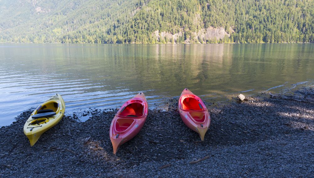 Empty kayaks on Lake Crescent's shore