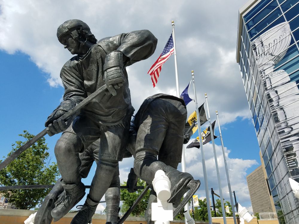 Hockey player sculpture at PPG Paints Arena