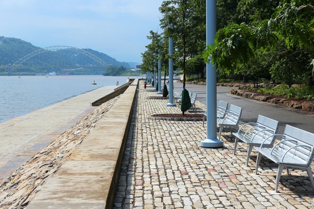 Benches overlooking Monongahela river at Point State Park