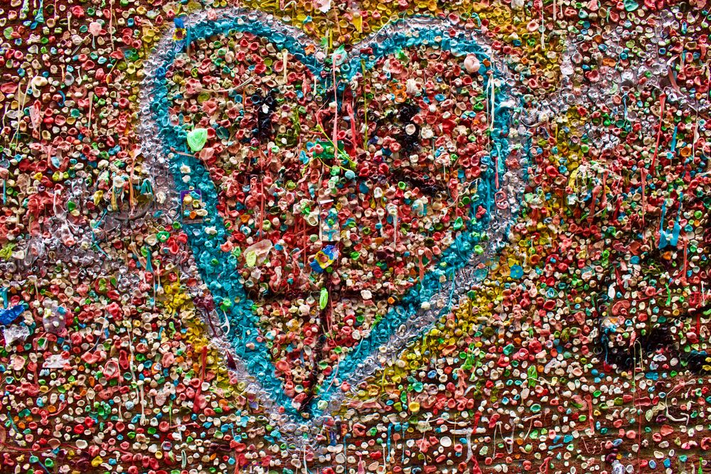 Heart made out of gum at The Gum Wall