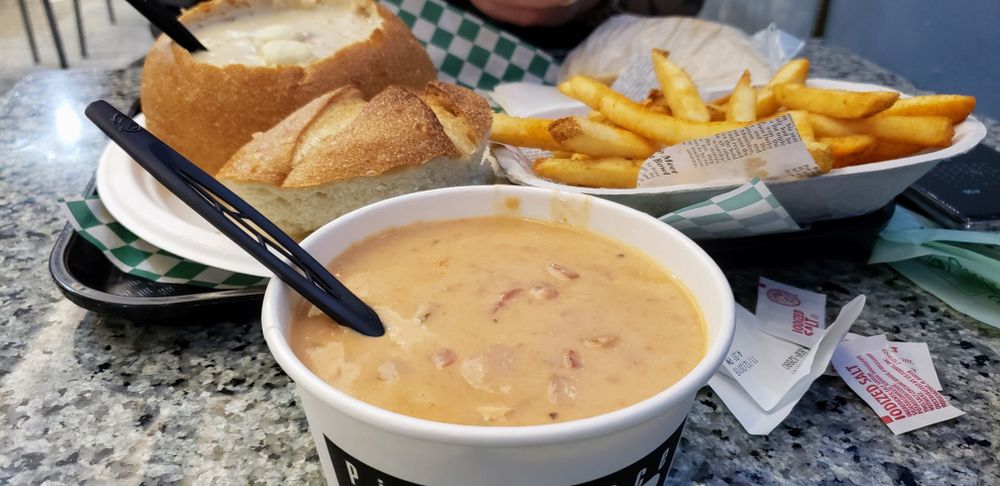 A bowl of seafood chowder in Pike Place Chowder