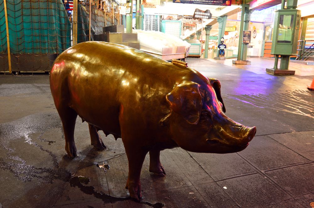 Evening view of Rachel the Piggy Bank