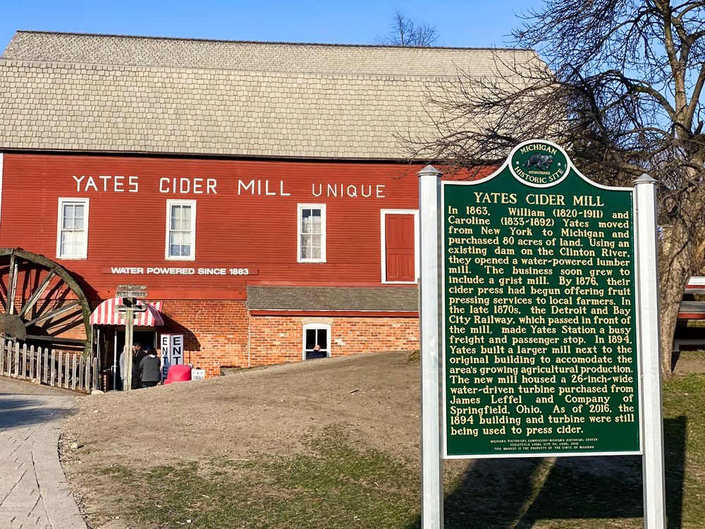 History marker and exterior of the Yates Cider Mill