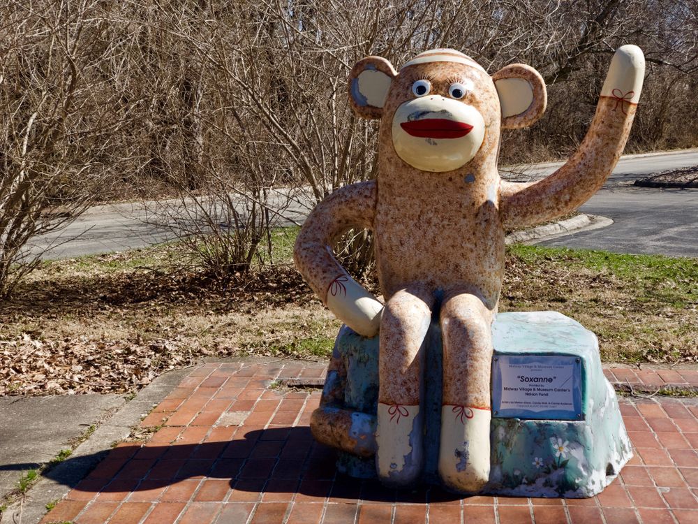Sock monkey statue at Midway Village Museum