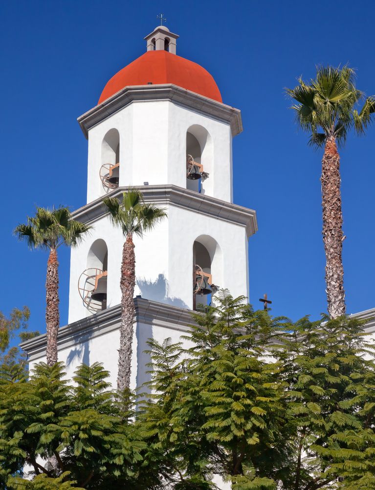 View of the top part of Mission Basilica San Juan Capistrano Church.