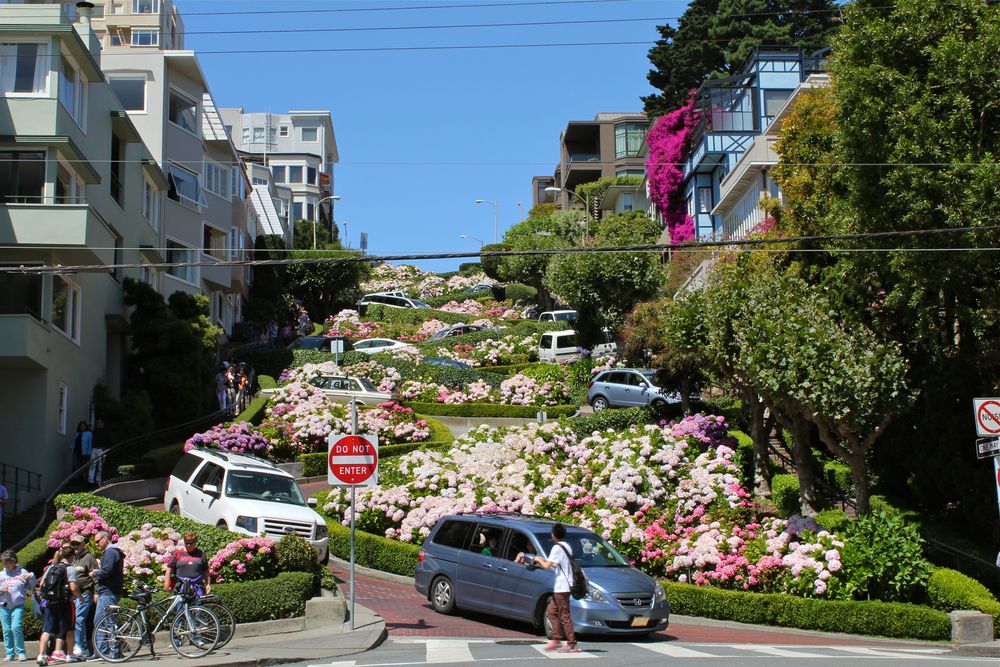 Cars driving down Lombard Street