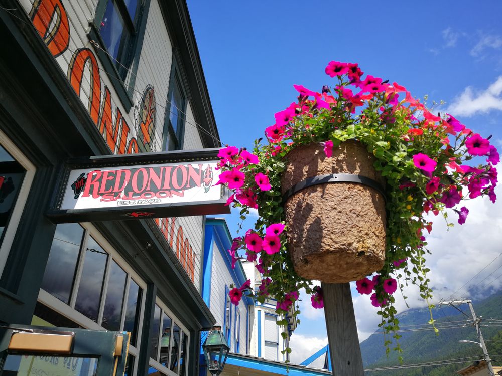 Name sign of Red Onion Saloon