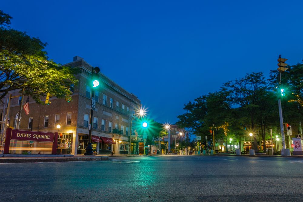 Night scene at Davis Square