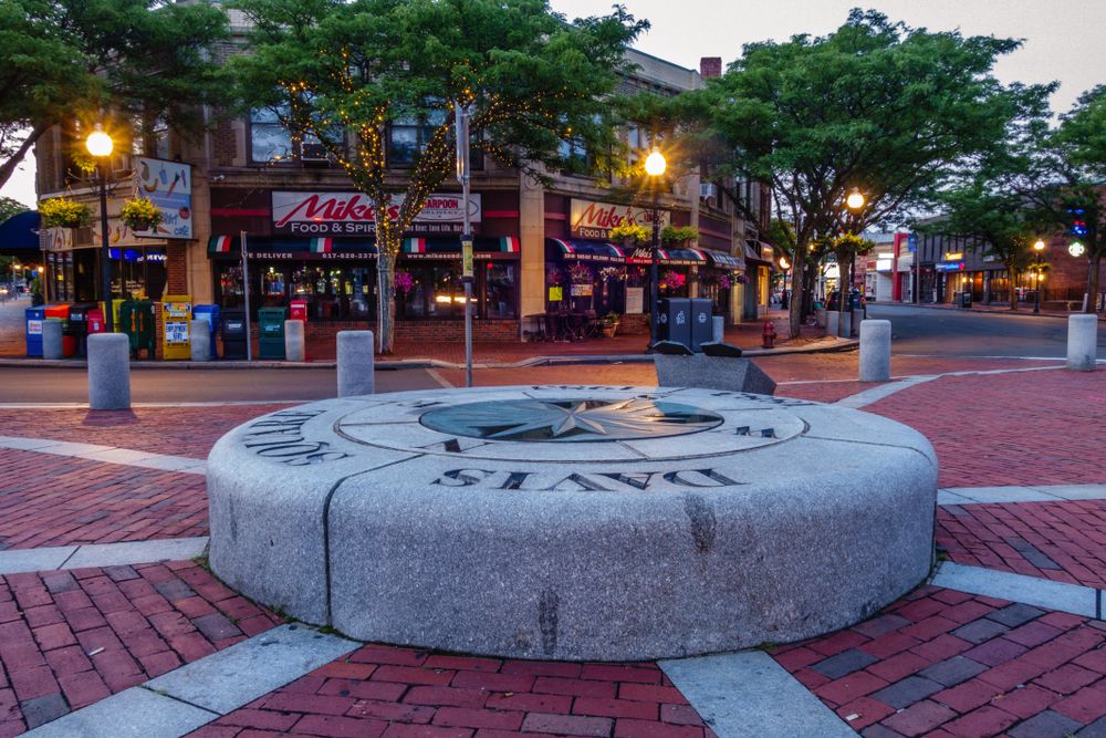 Round concrete marker of Davis Square
