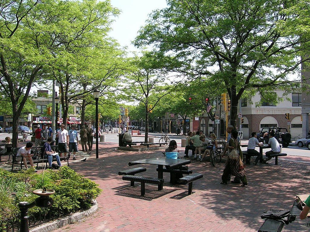 Picnic tables at Davis Square