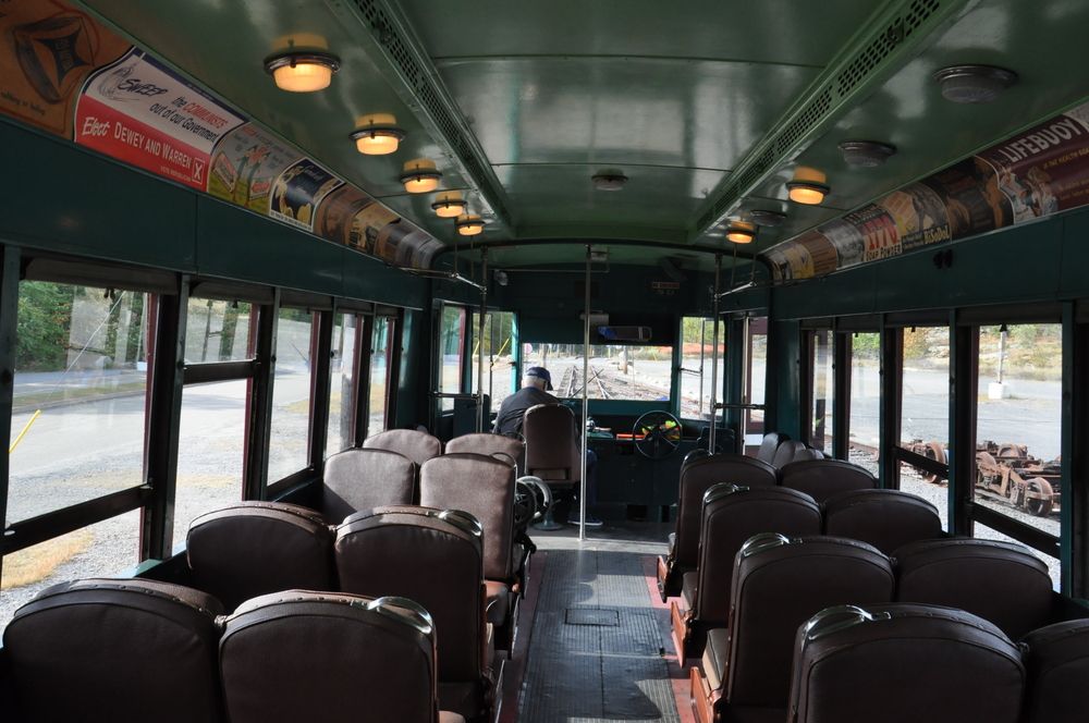 Interior of a trolley at Electric City Trolley Museum