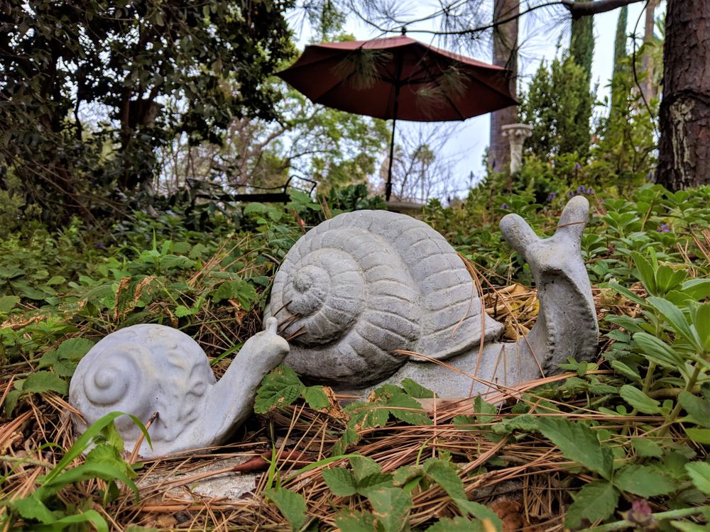 Stone sculpture of snails at Arlington Garden in Pasadena